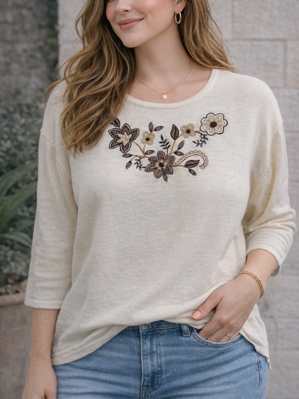 BonWorth Cream Knit Top with Subtle Embroidery